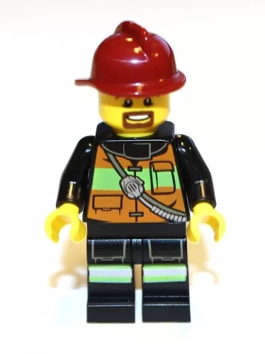cty342 - LEGO CITY tűzoltó minifigura fényvisszaverő csíkos mellényben, sötétpiros sisakban