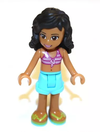 frnd039 - LEGO Friends Kate minifigura, közép azúr short, csíkos bikini felső
