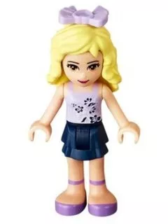 frnd049 - LEGO Friends Danielle minifigura, sötétkék rakott szoknya, levendulaszín felső, masni