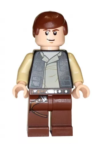 sw451 - LEGO Star Wars Han Solo minifigura, vörösesbarna lábak, pisztolytáska mintával, zsebes mellényben