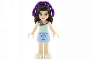 frnd082 - LEGO Friends Emma minifigura, világoskék szoknyában, világos aqua topban, sötétlila fejhallgatóval