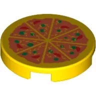 14769pb011c3 - LEGO sárga lap 2 x 2 méretű, kerek, alján bütyök foglalattal pizza mintával
