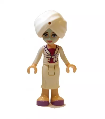 frnd085 - LEGO Friends Sophie minifigura, fehér hosszú szoknyában, magenta topban, fehér turbánban, világos aqua kozmetikai maszkban