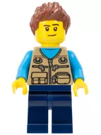cty1261 - LEGO minifigura kempingező sötét krémszínű mellényben