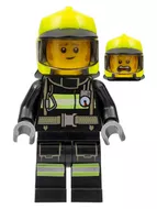cty1358- LEGO minifigura Clemmons tűzoltó, fekete tűzoltóruhában reflektív csíkokkal, neon sárga tűzoltósisakban, napellenzővel