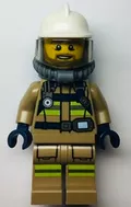 cty1359 - LEGO minifigura tűzoltó, sötét krémszínű ruhában, fehér tűzoltósisakban napellenzővel, lélegző felszereléssel