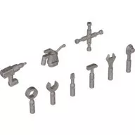 11402c95 - LEGO ezüst 9 részes szerszámkészlet: olajozó, csavarkulcs, csőkulcs, fúrógép, kalapács, csavarhúzó, kerékkulcs, racsnis kulcs, állítható c