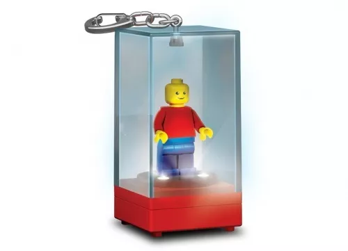 LGL-KE75-R LEGO átlátszó, világító minifigura tartó doboz, kulcstartódísz, piros alj, minifigurával