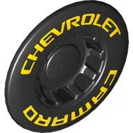 49098pb01c11 - LEGO fekete dísztárcsa, 10 küllővel, sárga 'CHEVROLET CAMARO' mintával