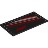 6178pb048c11 - LEGO fekete csempe 6 x 12 méretű, 3 szélén bütykökkel, Formula 1 logóval és piros és fehér csík mintával