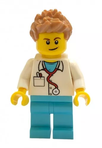 cty899 - LEGO City doktor minifigura, közepes azúr lábak, sztetoszkóp, tüskés haj