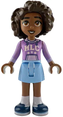 frnd0812 - LEGO Friends Aliya minifigura, közepes levendula kapucnis felsőben, kék szoknyában