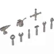 11402c95 - LEGO ezüst 9 részes szerszámkészlet: olajozó, csavarkulcs, csőkulcs, fúrógép, kalapács, csavarhúzó, kerékkulcs, racsnis kulcs, állítható c