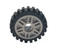 13971c01c86 - LEGO világosszürke csillag mintájú 18 x 8 mm méretű felni belső peremmel, 23mm x 7mm fekete gumival