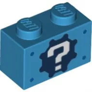 3004pb042c153 - LEGO sötét azúr kocka fehér kérdőjel mintával 1 x 2 méretű