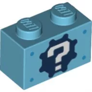 3004pb042c156 - LEGO közepes azúr kocka fehér kérdőjel mintával 1 x 2 méretű