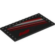 6178pb048c11 - LEGO fekete csempe 6 x 12 méretű, 3 szélén bütykökkel, Formula 1 logóval és piros és fehér csík mintával
