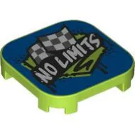 68869pb017c34 - LEGO lime csempe 4 x 4 méretű, lekerekített sarkokkal, négy lábbal, 'NO LIMITS' felirattal és kockás zaszló mintával