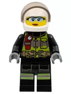 cty1355 - LEGO minifigura női tűzoltó, fekete tűzoltóruhában reflektív mitvával, fehér sisakban, napellenzővel