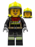 cty1356 - LEGO minifigura női tűzoltó, fekete tűzoltóruhában, neon sárga tűzoltósisakban, napellenzővel
