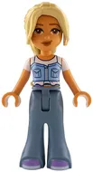 frnd0811 - LEGO Friends Sara minifigura, fehér pólóban, világoskék mellényben, farmerban