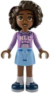 frnd0812 - LEGO Friends Aliya minifigura, közepes levendula kapucnis felsőben, kék szoknyában